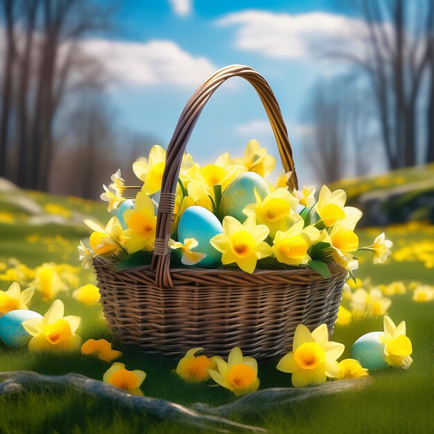 La canasta de Pascua con huevos de Pascua en un prado verde Los narcisos están floreciendo de amarillo