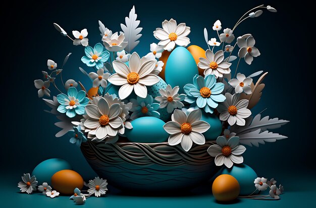 una canasta de pascua con huevos pintados y flores ai generativa