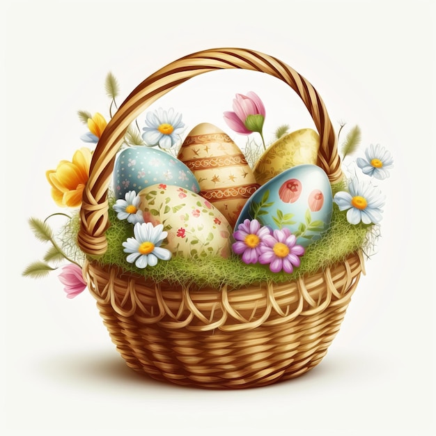 Canasta de pascua con huevos pintados a mano y flores de primavera.