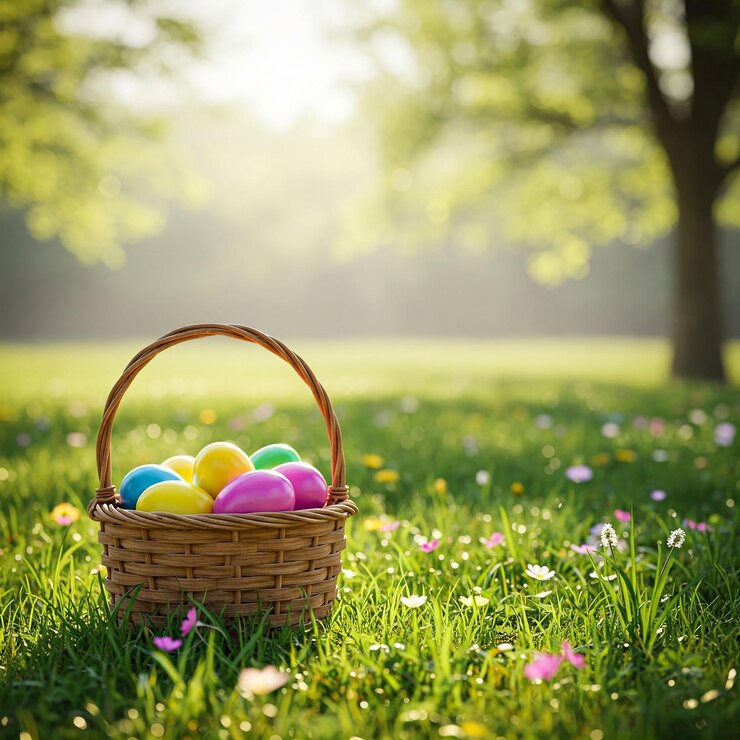 Una canasta de Pascua llena de huevos de colores en un campo soleado