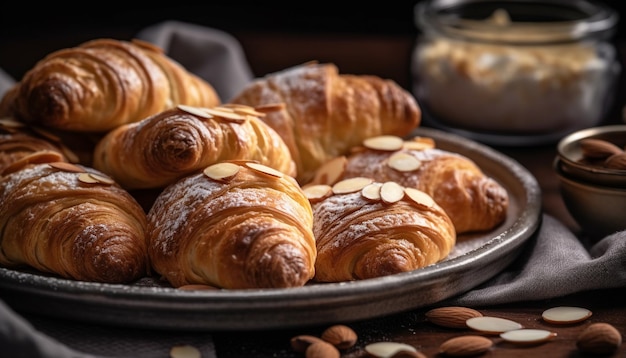 Canasta de pastelería francesa indulgente con cruasanes recién hechos y brioche de chocolate generado por IA