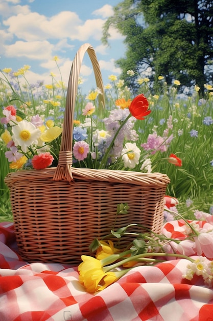 una canasta de picnic 3D minimalista con un paño a cuadros y algunas flores de primavera