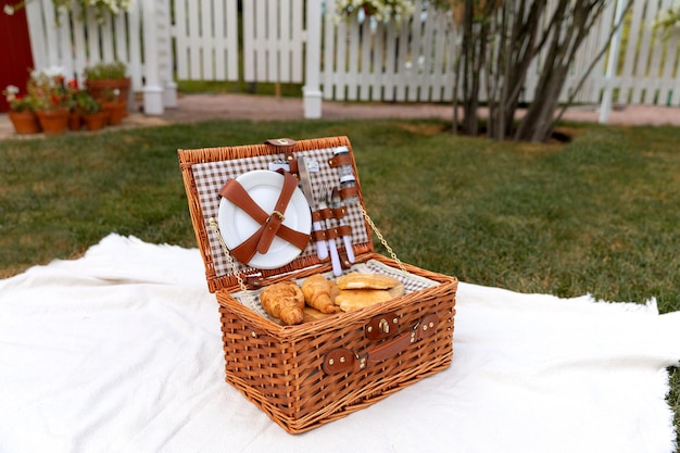 Una canasta de picnic en un césped en el patio trasero