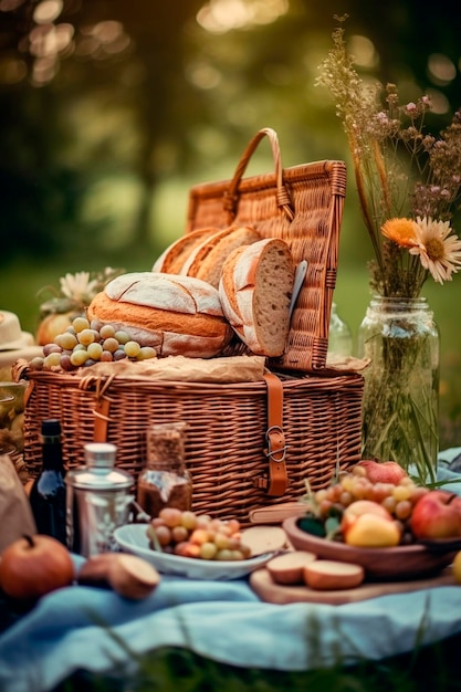 La canasta de picnic está llena de comida deliciosa.
