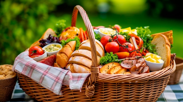 La canasta de picnic está llena de comida deliciosa.