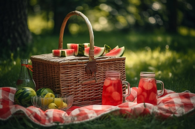 Una canasta de picnic con jugo de sandía y rodajas de sandía IA generativa