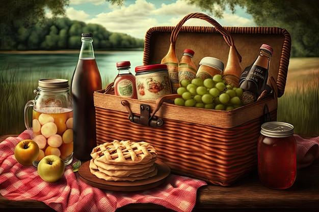 Canasta de picnic llena de deliciosas golosinas y bebidas de elección creadas con inteligencia artificial generativa
