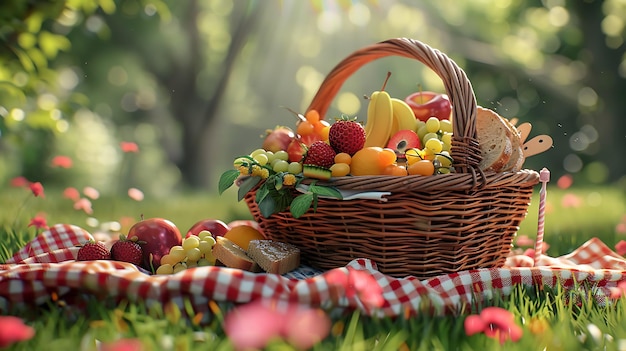 Una canasta de picnic llena de frutas frescas y pan en un mantel a cuadros rojo y blanco con un campo verde exuberante en el fondo