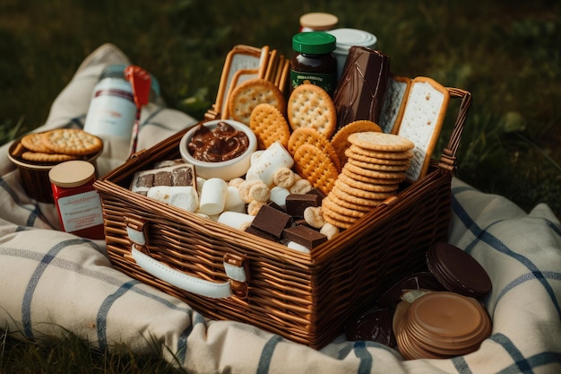 Canasta de picnic llena de ingredientes para un postre smores creado con IA generativa