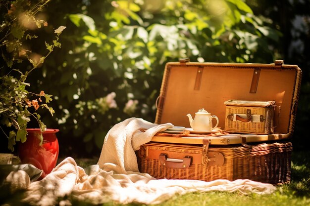 Foto una canasta de picnic puesta en un porche sombreado que ofrece alivio del calor