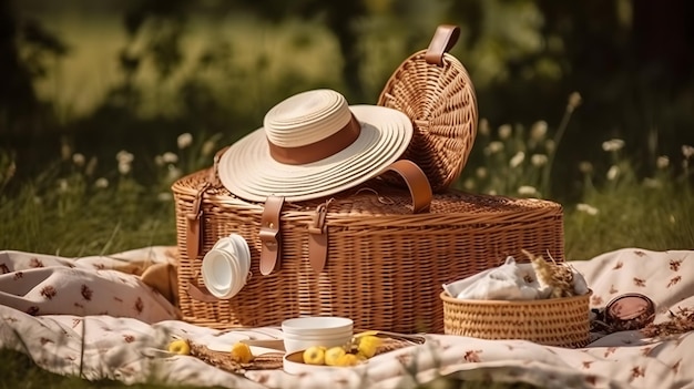 Una canasta de picnic con un sombrero de paja y un sombrero de paja se asienta sobre una manta en un campo.