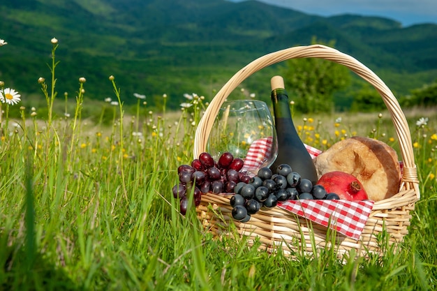 Una canasta de picnic con vino, frutas, uvas y pan se encuentra en un prado en la hierba verde