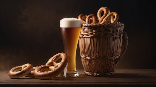 Una canasta de pretzels con cervezas frías