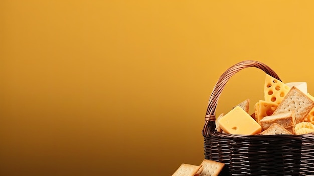 Una canasta de queso y galletas. Banner web con espacio para copiar IA generativa.