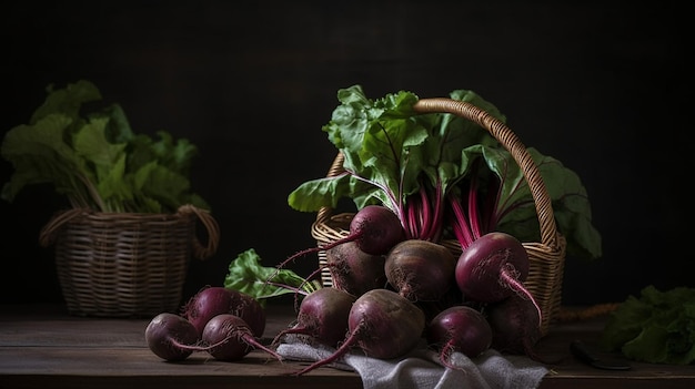 Una canasta de remolachas y otras verduras en una mesa