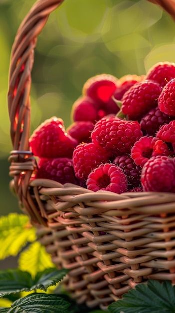 Una canasta rústica se desborda de frambuesas maduras la cálida luz del sol realzando su rico color rojo en medio de la exuberante vegetación