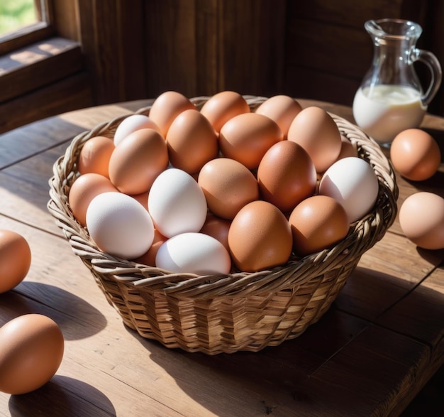 Una canasta rústica llena de huevos frescos de la granja colocados encima de una mesa de madera