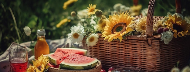 Una canasta de sandía y un girasol.