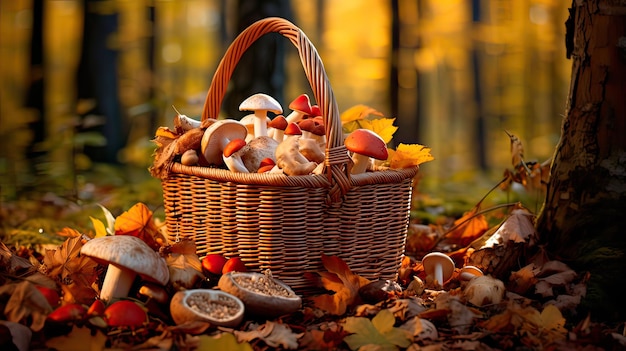 Una canasta de setas en medio de un bosque de otoño