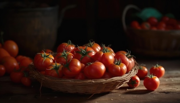 Una canasta de tomates en una mesa rústica de fondo de campo de tomates IA generativa