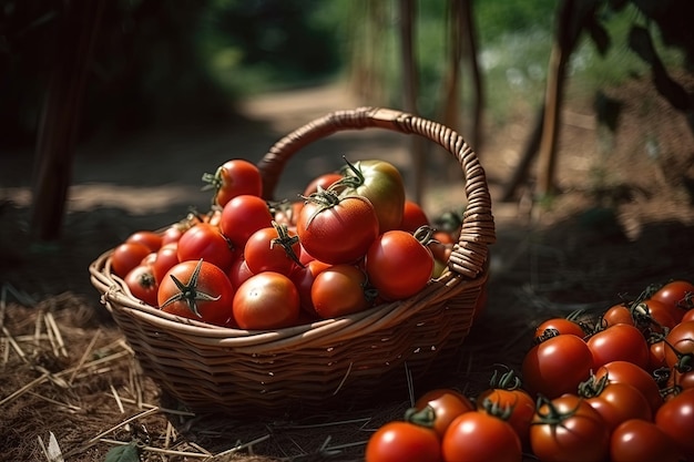 Una canasta de tomates se sienta en el suelo