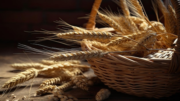 Una canasta de trigo con el trigo al costado.