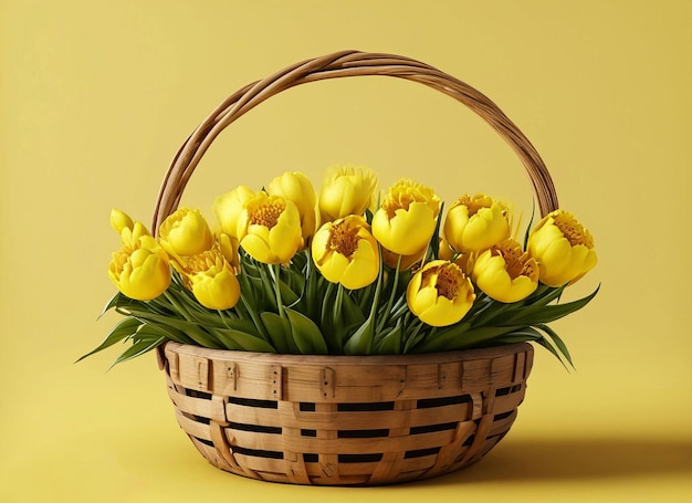 Una canasta de tulipanes está sobre un fondo amarillo.