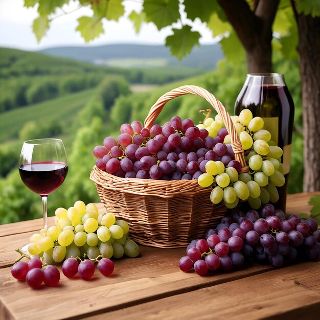 una canasta de uvas y una botella de vino en una mesa