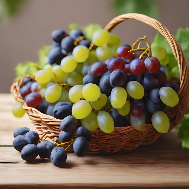 una canasta de uvas con una canasa de uvas en una mesa