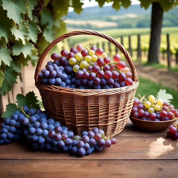 una canasta de uvas con una canasa de uvas en una mesa