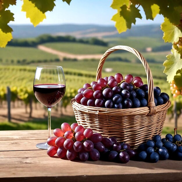 una canasta de uvas y una canasa de uvas con un vaso de vino