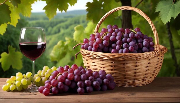 una canasta de uvas y una canasa de uvas con un vino en ella