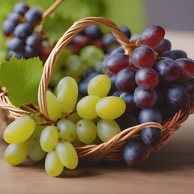 Foto una canasta de uvas con una hoja verde y una hoja verde