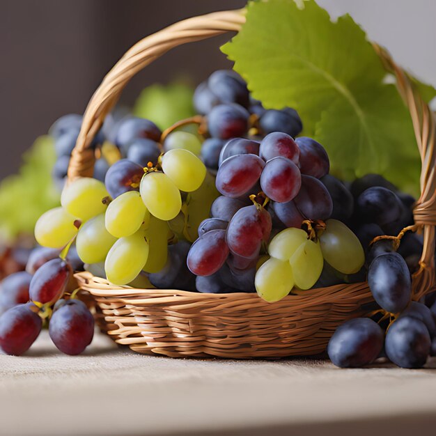 una canasta de uvas con una hoja verde que dice uvas