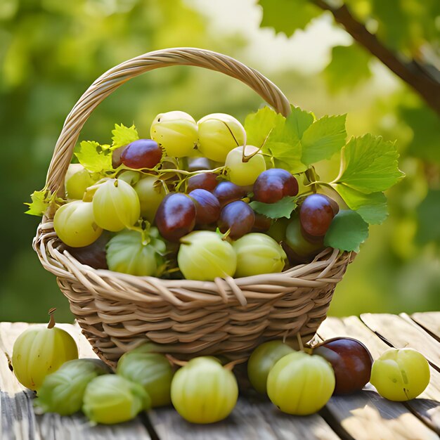 una canasta de uvas con una hoja verde y uvas verdes en el fondo