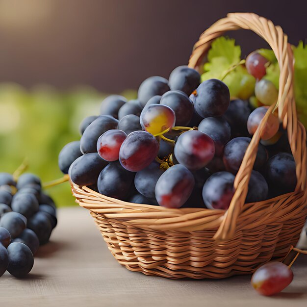 una canasta de uvas con un ramo de uvas en ella