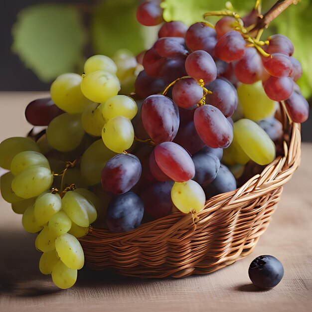 una canasta de uvas con un ramo de uvas en ella