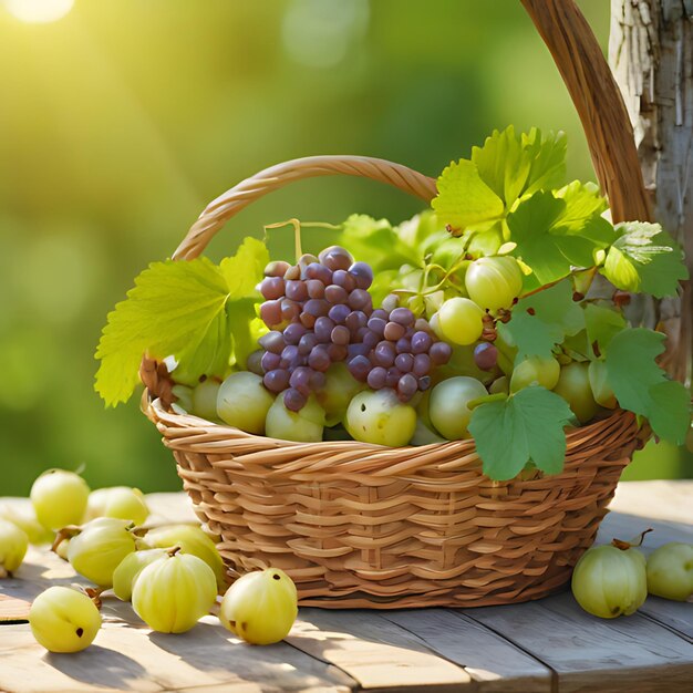 una canasta de uvas con un ramo de uvas en ella