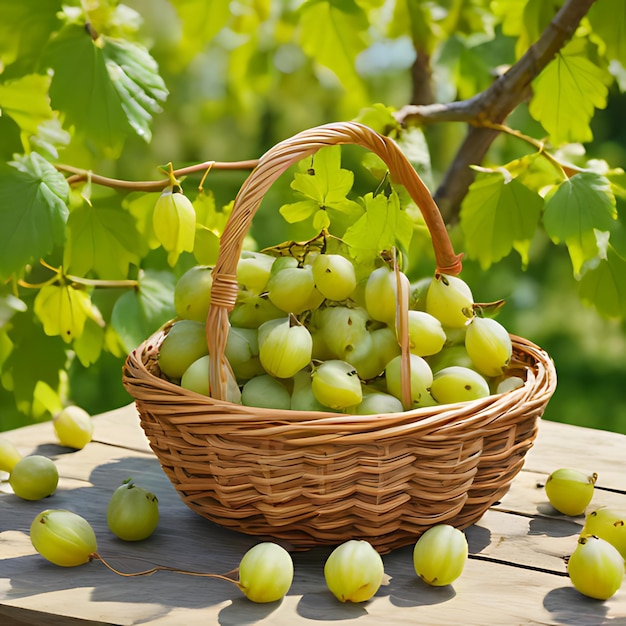 una canasta de uvas con un ramo de uvas en ella