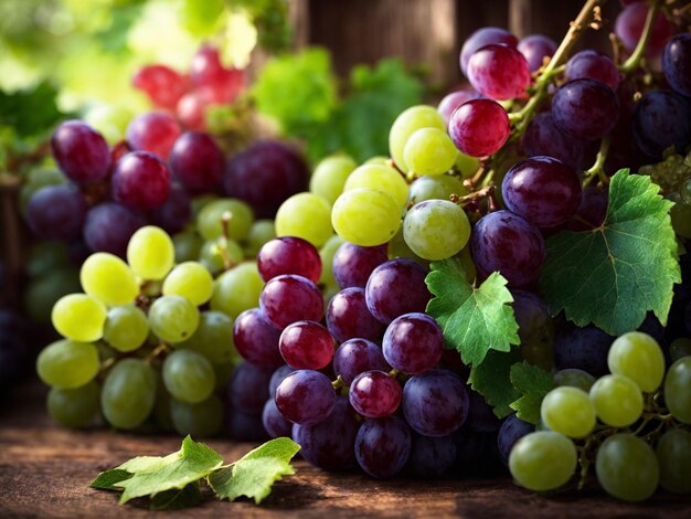 una canasta de uvas con un ramo de uvas verdes en el frente.