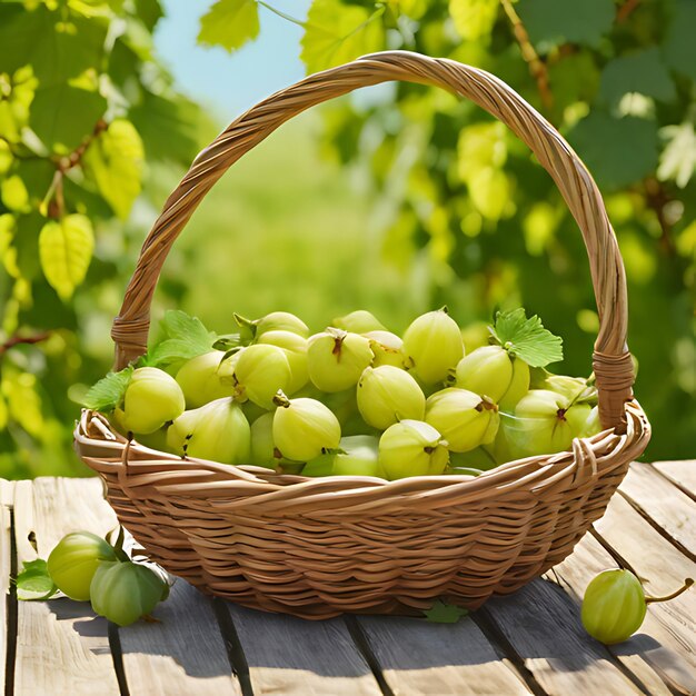 una canasta de uvas con el sol brillando en las hojas