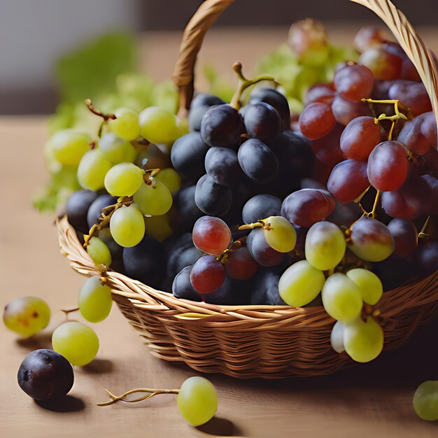 una canasta de uvas con uvas en ella y una canasta con uvas