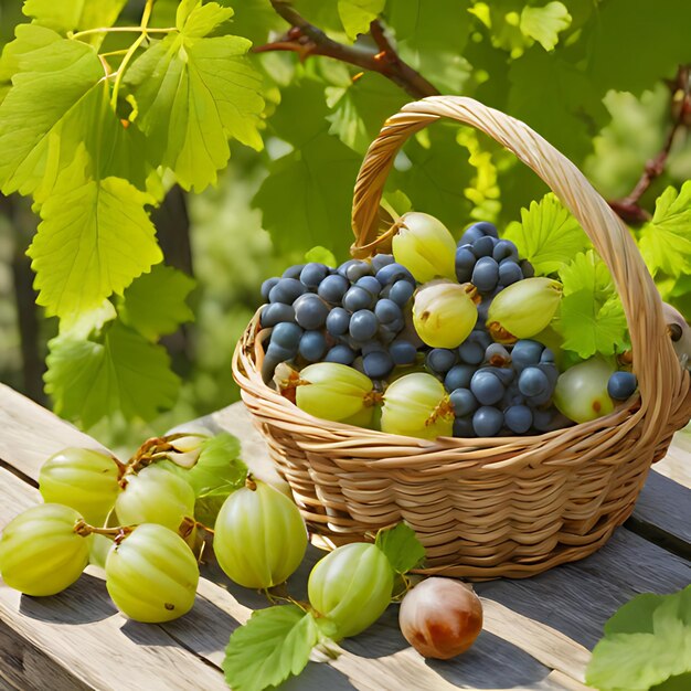 una canasta de uvas con uvas en ella y uvas en una mesa