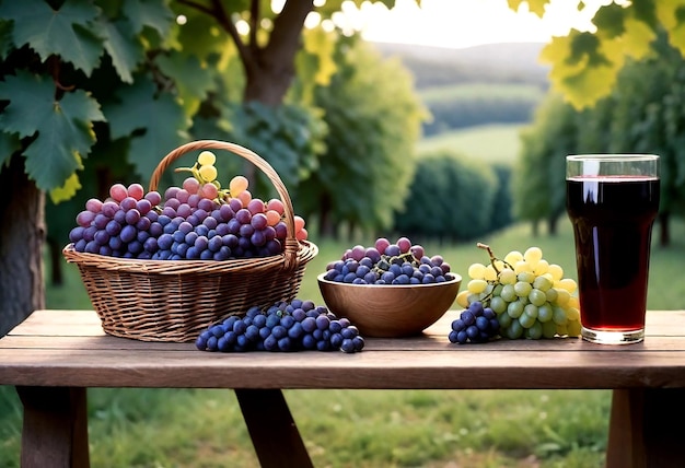 una canasta de uvas y uvas en una mesa con una canasa de uvas