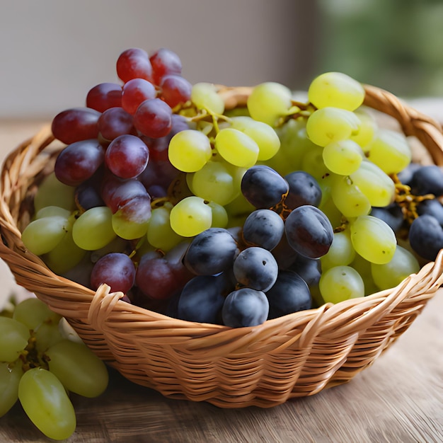 una canasta de uvas y uvas en una mesa