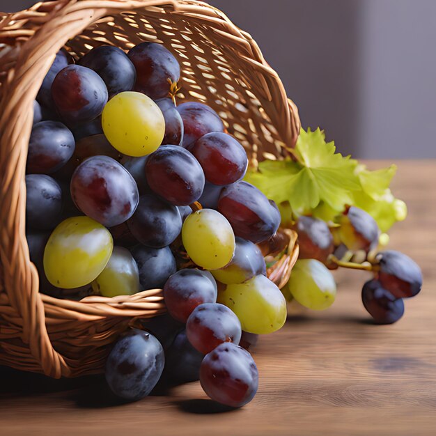 una canasta de uvas y uvas en una mesa