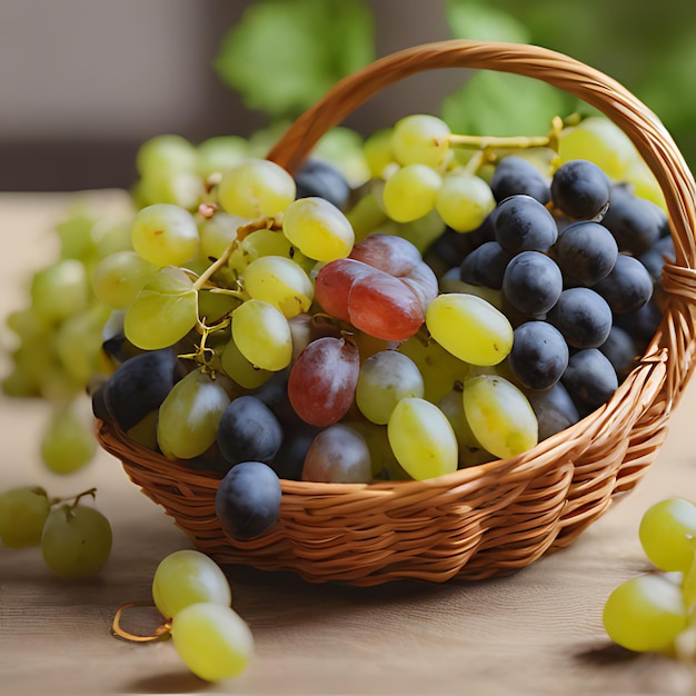 una canasta de uvas y uvas con uvas verdes en el fondo