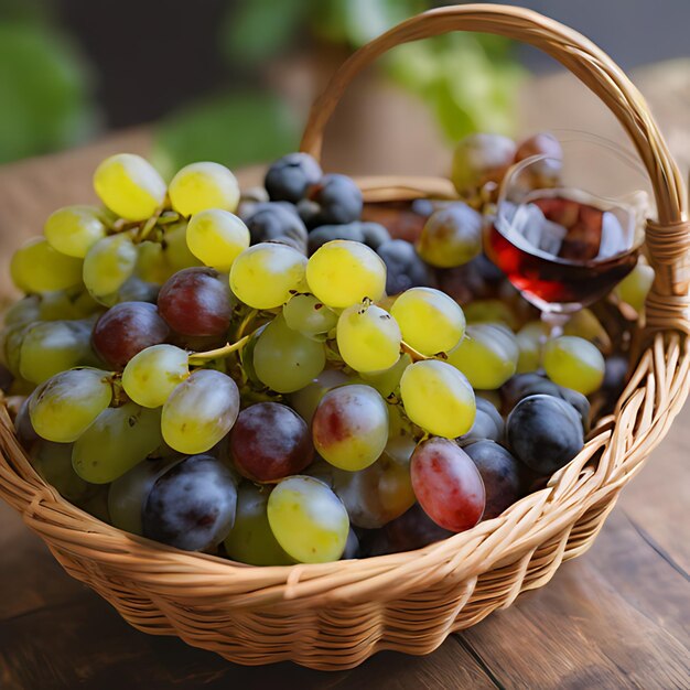 Foto una canasta de uvas con un vaso de vino en ella