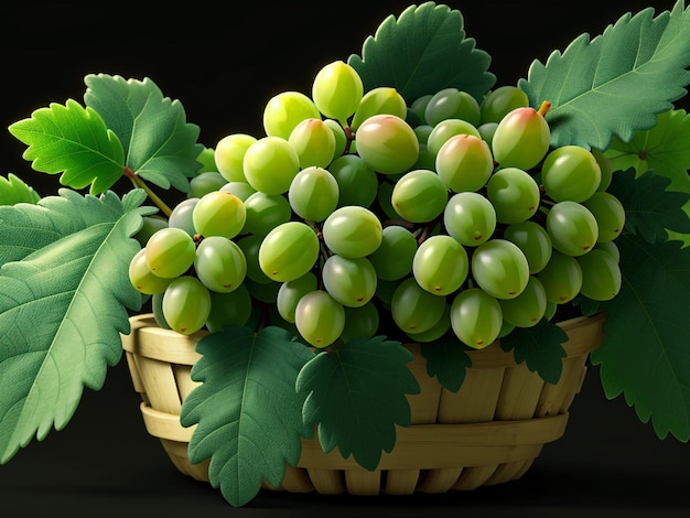 una canasta de uvas verdes con una hoja verde