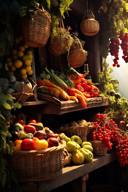 una canasta de verduras y frutas incluida una canasta de verduras